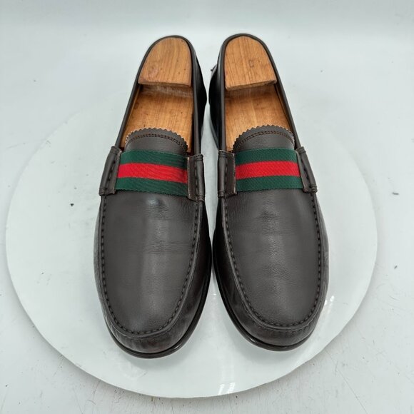 xGucci Men Sz UK 7 US 7.5  Black Leather Green Red Slip On Loafer Dress Shoes - Picture 1 of 13